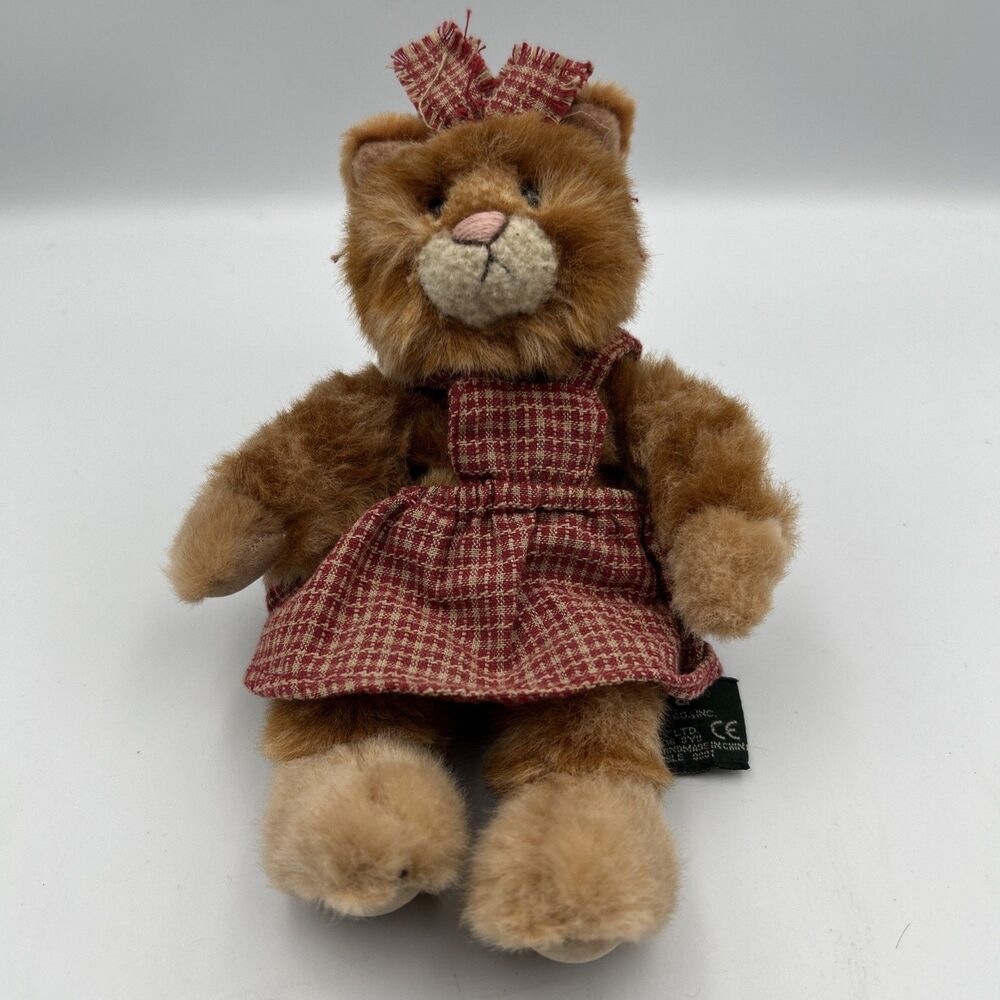 Vintage Russ Berrie Kittra Ginger Tabby Cat Plush Red Gingham Dress Bow 10”-EUC